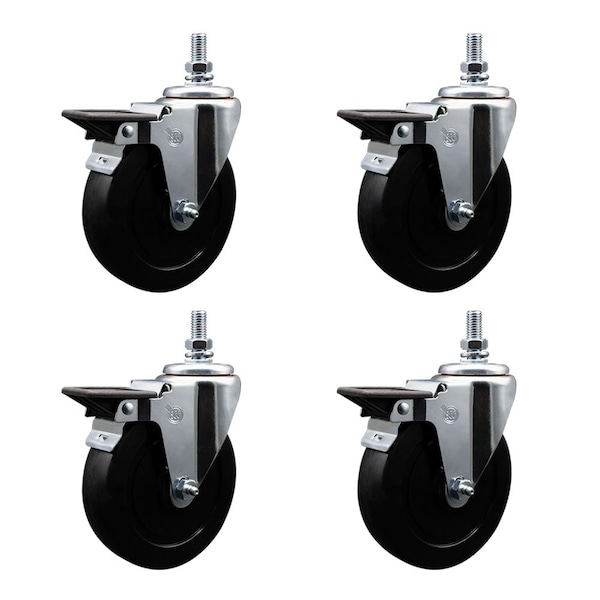 5 Inch Soft Rubber 10 MM Threaded Stem Caster Set with Brake